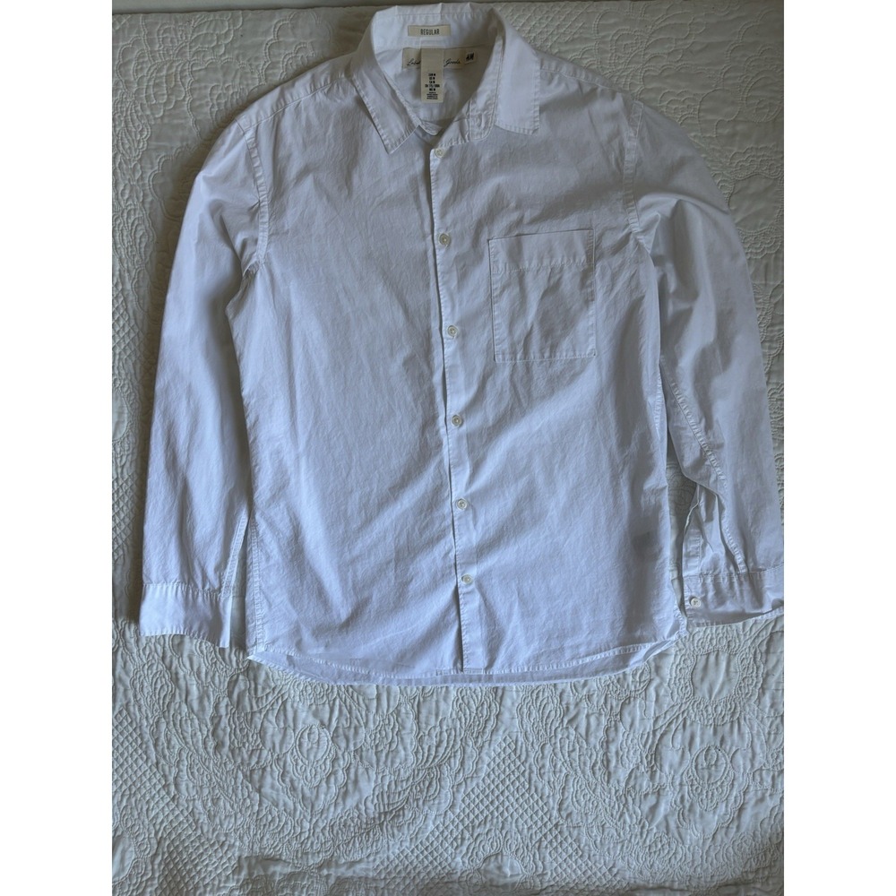 H&M Men's Medium White Button Up Shirt Regular Fit Long Sleeve